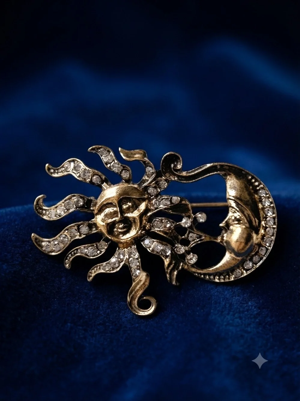 Vintage Sun and Moon Crystal Pin Brooch - Gold Tone